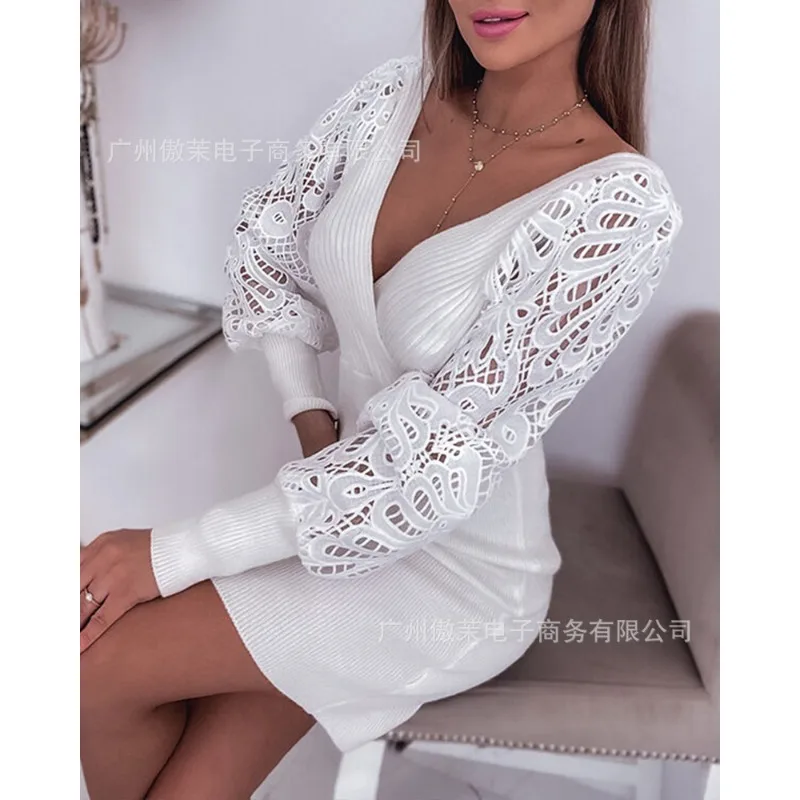 2024 Autumn Winter New Women\'s Clothing Solid Color Lantern Long Sleeve Cross V-neck Lace Dress