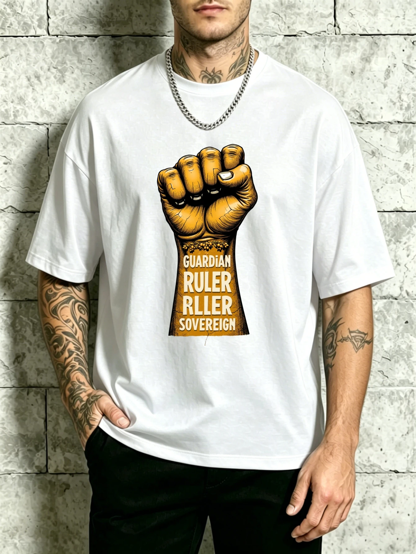 Retro Nostalgic Style Men's Round Neck T-Shirt, Loose Fit, Pure Fashion, Versatile, Soft and Comfortable Fabric, Suitable for Daily Wear and Holiday Gifts, Featuring Fist and Text Designs, Guardian, Ruler, Dominant Figure, Sovereignty Theme, Autumn and Winter Season, Suitable for Men, Friends, and Family, Perfect Gift for Independence Day and Thanksgiving