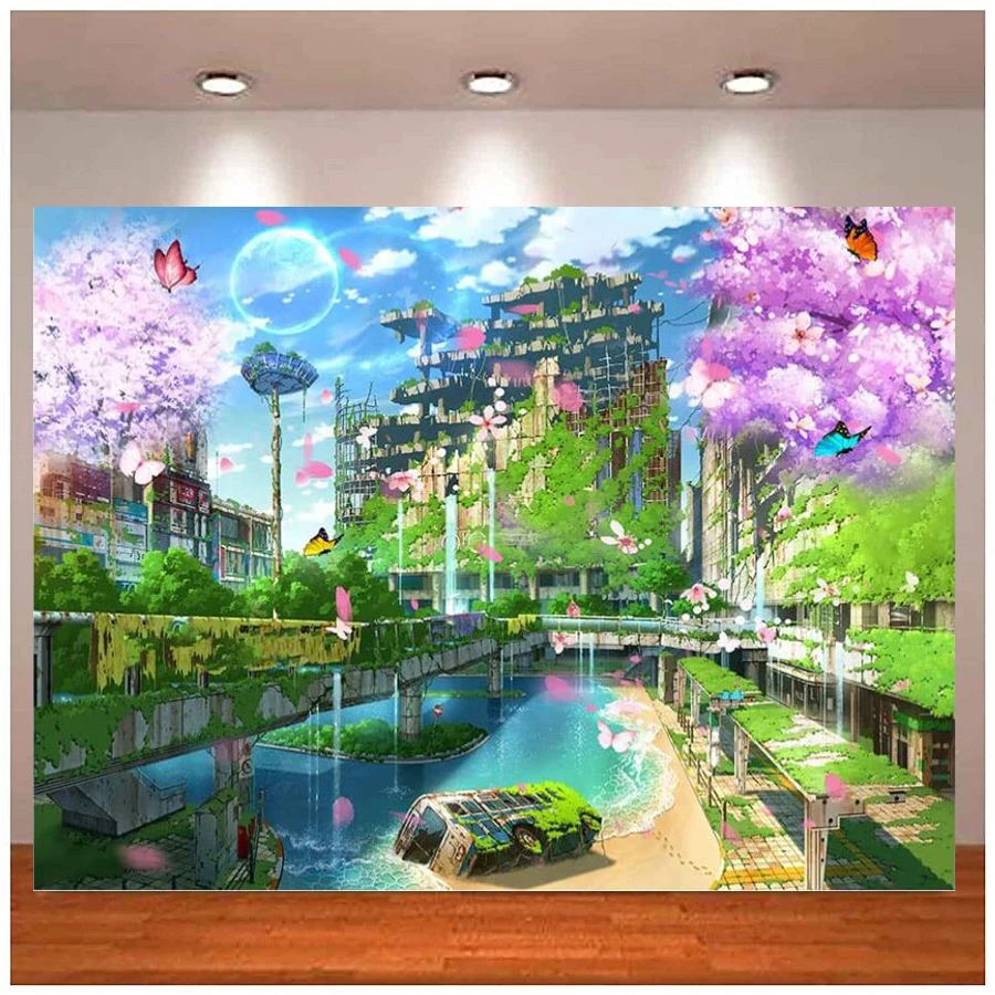 Spring Scenery City Backdrop Building Blue Sky White Cloud Bus Abadon In The River Under The Bridge Cherry Tree Background