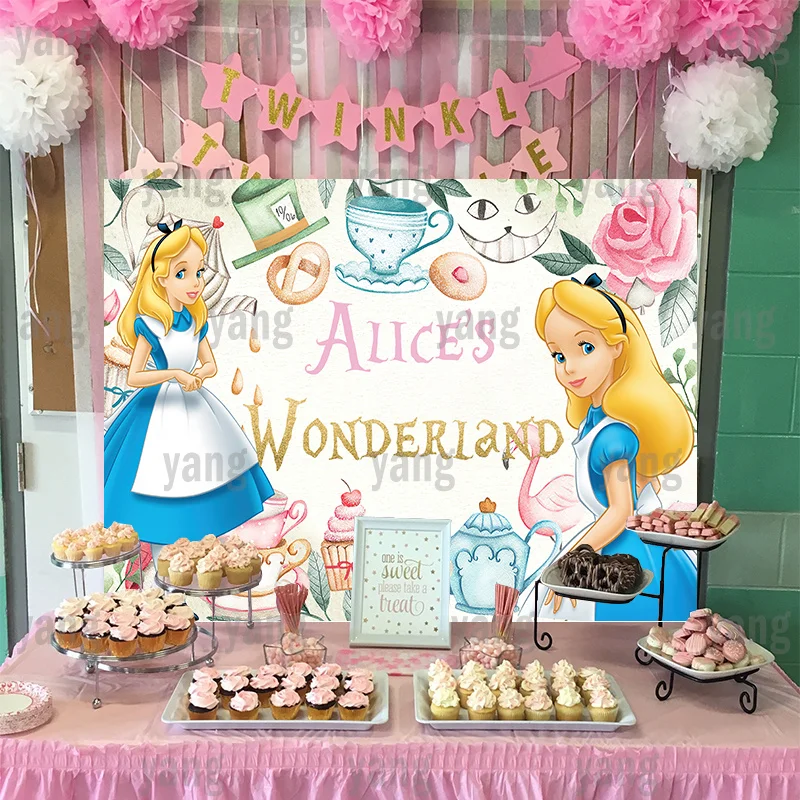 Fondo personalizado de princesa rosa de Alicia en el país de las Maravillas de Disney, accesorios de decoración de vestido azul, telón de fondo para recién nacido, pancarta para fiesta de cumpleaños