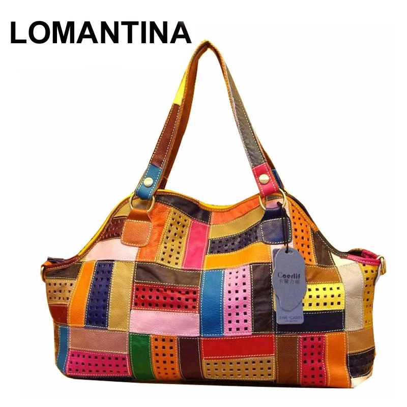 

LOMANTINA High Quality Cow Leather Ladies Casual Colorful Patchwork Designer Handbag Randomly Stitching Female Tote For Women