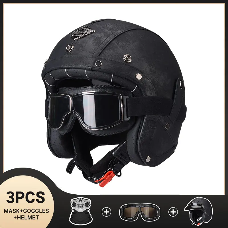 

Vintage Black Leather Motorcycle Helmet Retro Open Face Chopper Casque Capacete Motorbike De Moto Masculino Casco Moto