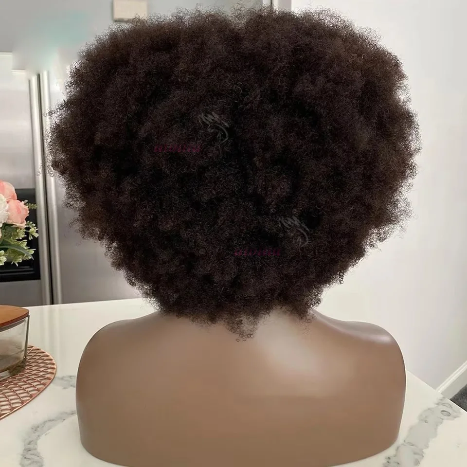 Afro Kinky Curly Kurze Echthaar-Perücken mit Dickem Pony, Flauschige Natürliche Bob-Perücke, Kleberlose Brasilianische Vollmaschinenperücken im Angebot – Detail 9
