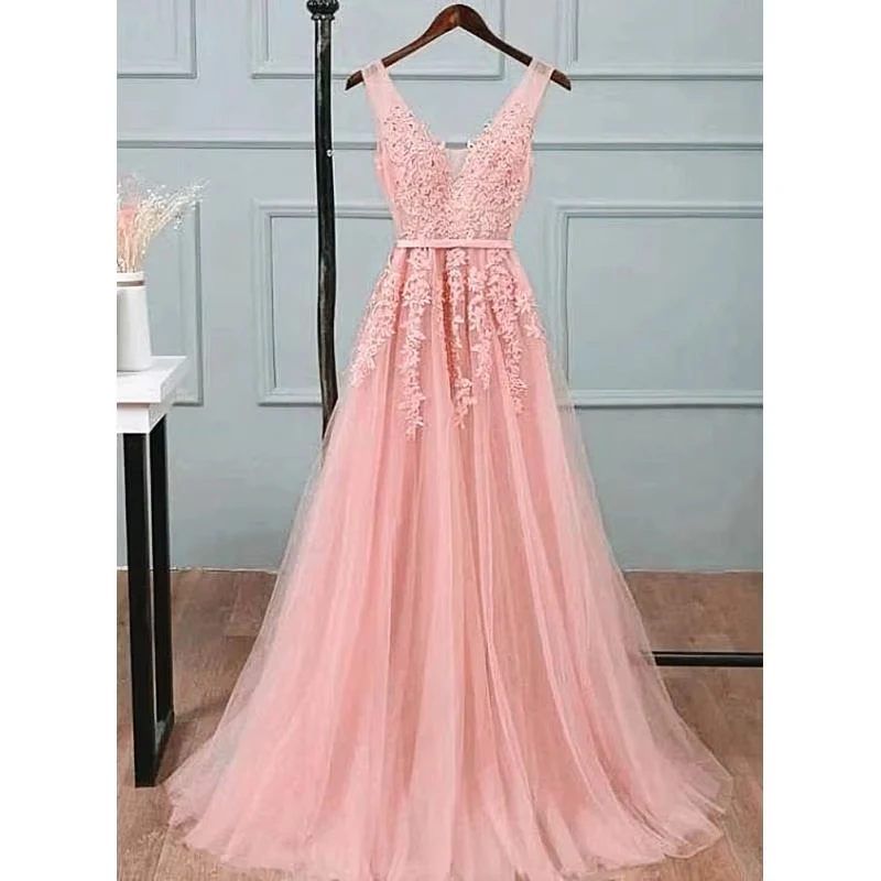

Women's Summer Long Dresses Tulle Straps Square Collar Sexy Backless Sleeveless Dress Lace Appliques A-Line Party Evening Dress