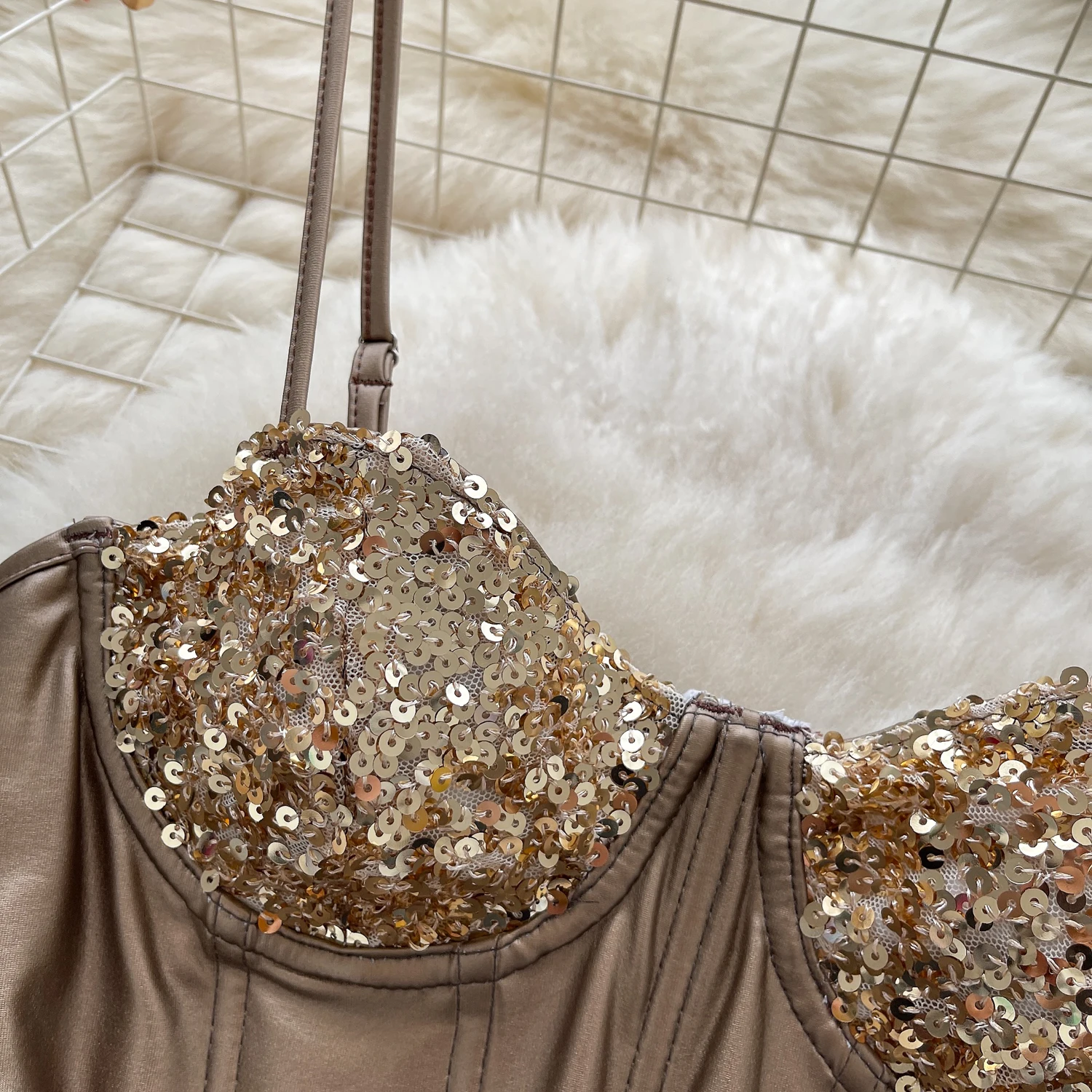 Chic sexy dos nu sans manches épissé sequin mince Vintage débardeur mode coréenne Corset Bustier Hotsweet Y2k fronde haut court