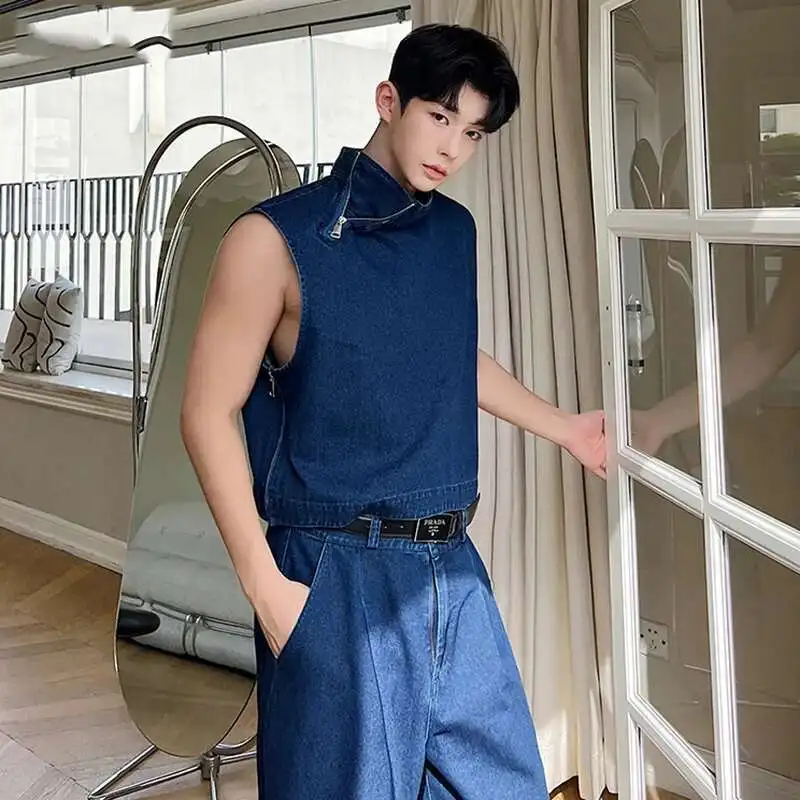 LUZHEN 2025 Spring Trendy High Street Stand Neck Sleeveless Vest Korean Loose Straight Jeans Men\'s Two-piece Sets Denim 2ca7bc