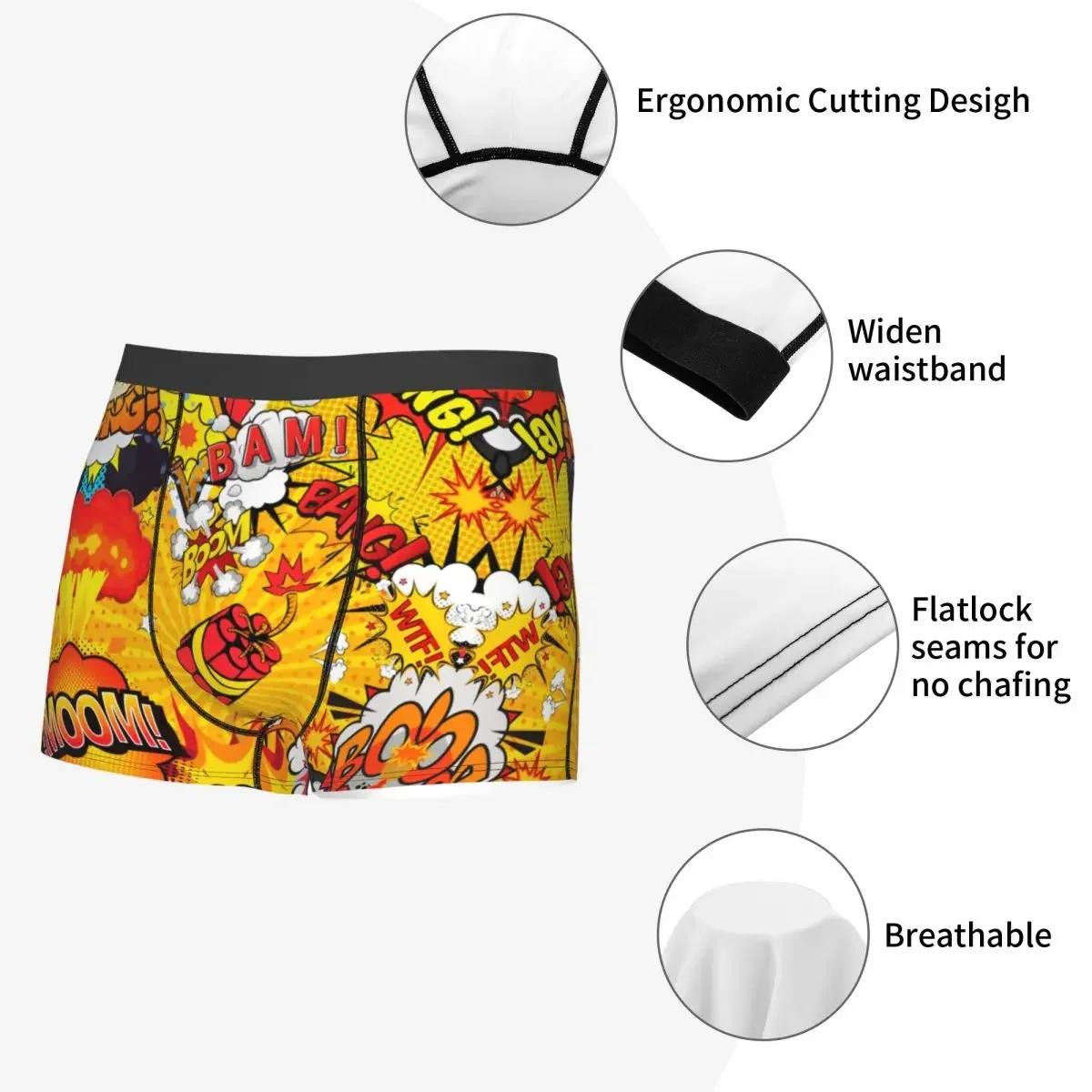 Custom Cool Graffiti Art Boxer Cuecas para Homens, Stretch Shorts, Calcinhas, Cuecas, Cool, Desenhos Animados, Wow Boom, Bang Padrão, Roupa Interior Masculina