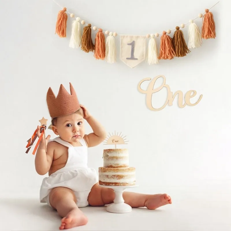 1Set Baby Birthday Hat Set Wooden Magic Wand Toy Cotton Soft Crown Hat Kids Birthday Party Decorations Newborn Birthday Gift Toy