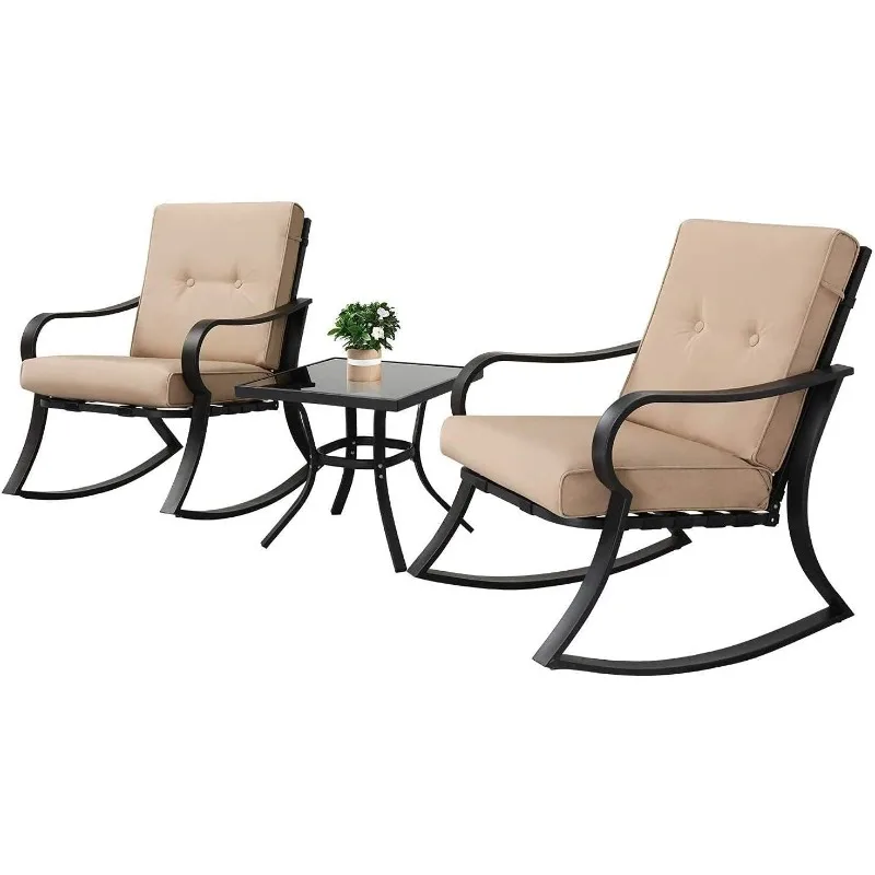 

Outdoor Furniture 3 Piece Conversation Bistro Set Rocking Chairs and Glass Top Table, Thick Cushions, Black Steel