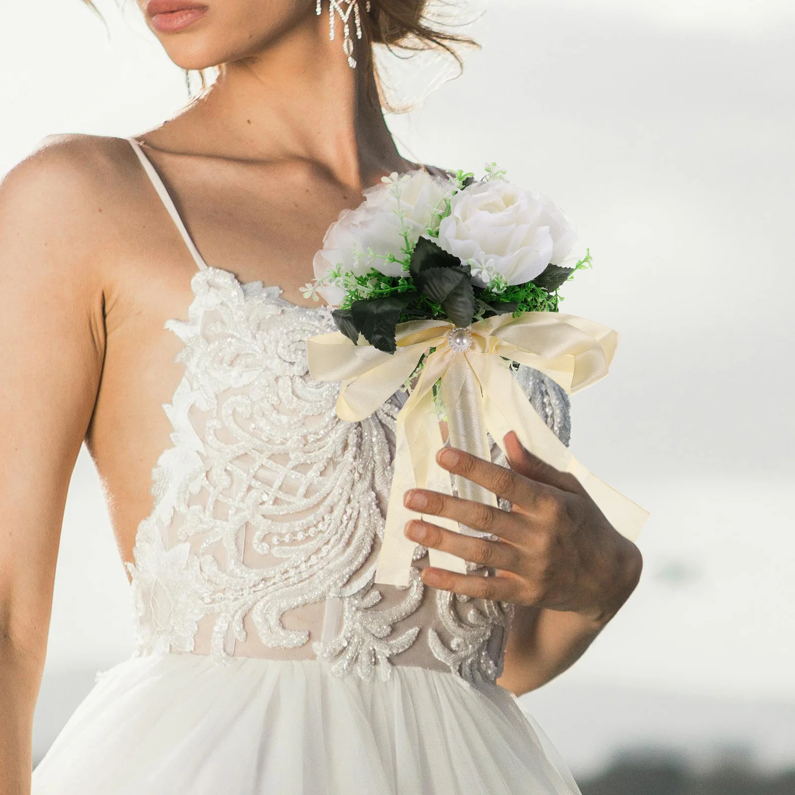 

White Fake Flower Bouquet Bridal Wedding Hand Tossing Arrangement With Satin Ribbon For Bride Ceremony Party Event Decor