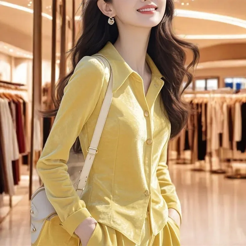 Biyaby Women\'s Plus Velvet Shirt Early Spring Casual Solid Color Slim Shirts Woman Single Breasted Lapel Long Sleeves Blouses