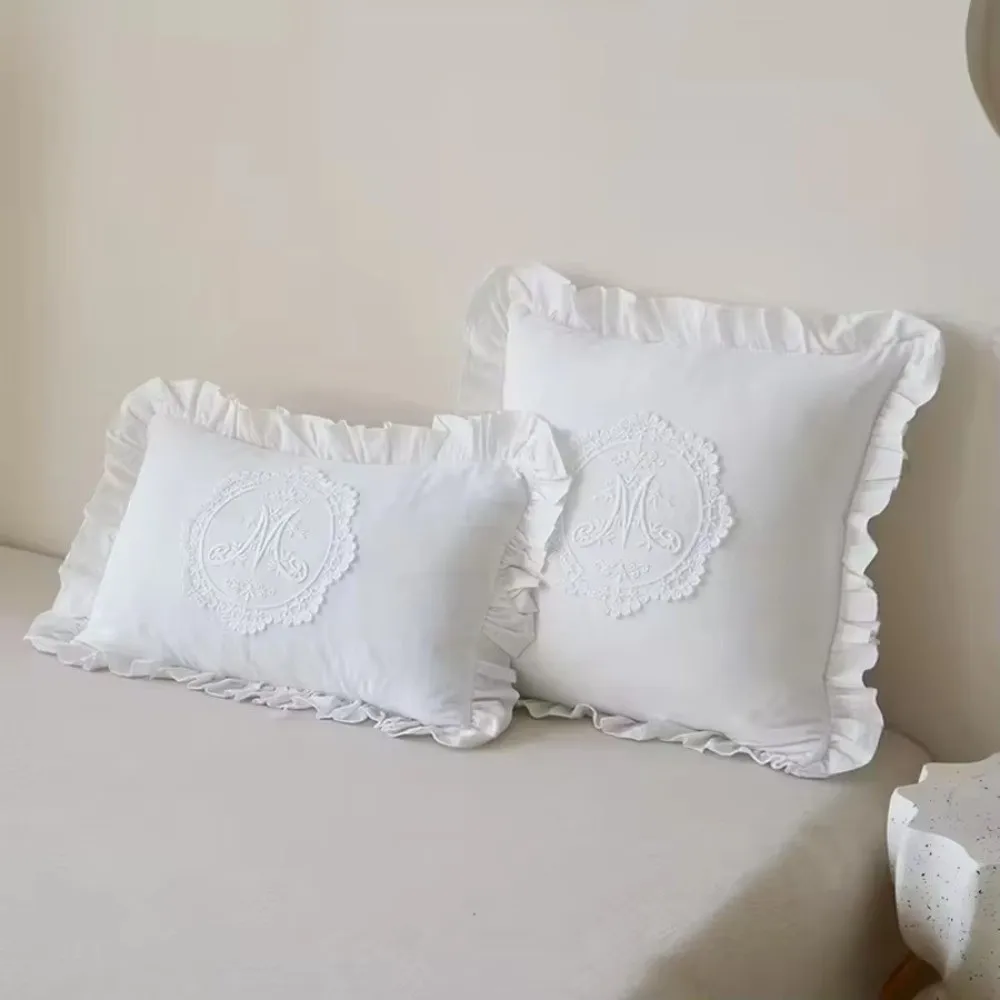 Comfortable with Lotus Frill Pillow Cover Washed Material French Lace Cushion Cover Embroidered Soft Bedroom Pillow Shell