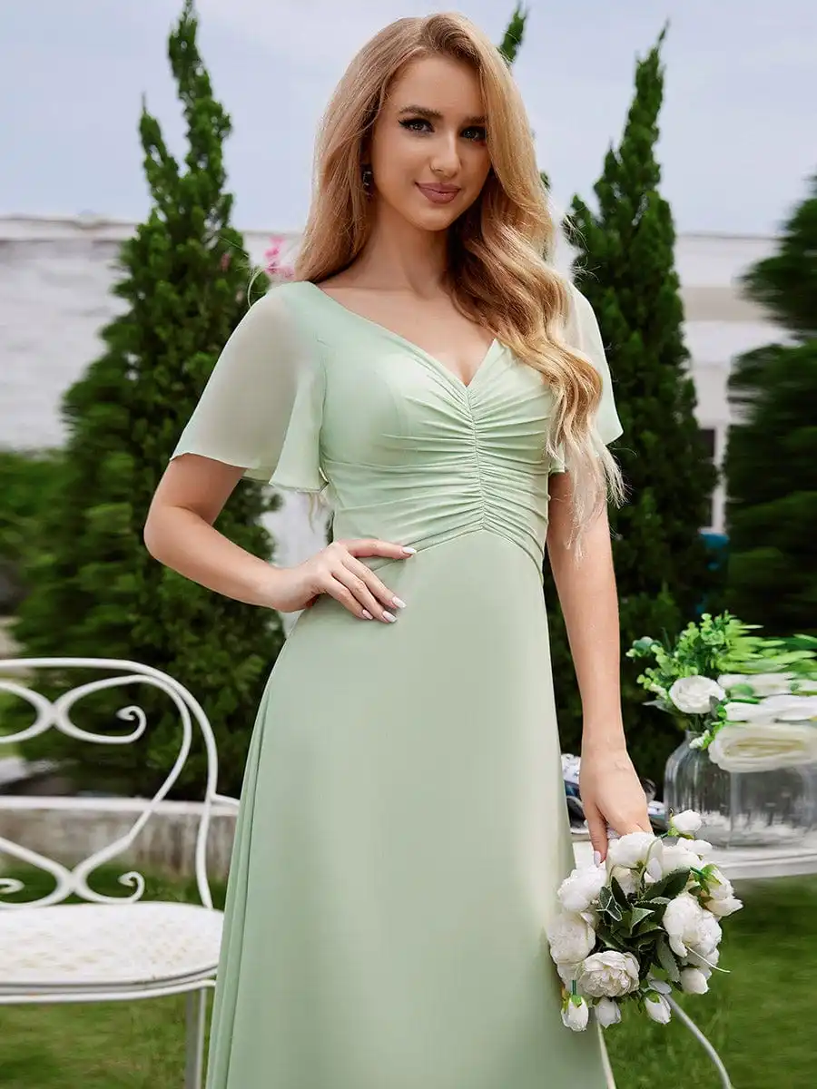 Elegant Evening Dresses Ruffled Sleeves and V-Neck Pleated 2024 Ever Pretty of A-Line Chiffon Mint Green Bridesmaid Dress