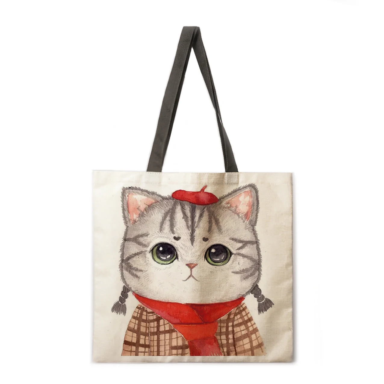 

Ink Cat Linen Handbag Lightweight Shoulder Bag Large Capacity Eco friendly Shopping Bag Handbag Tote Bag