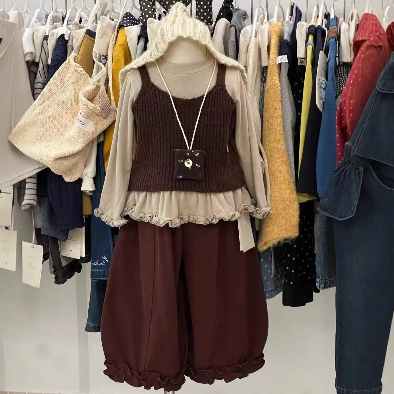 2026 Spring Autumn Fall New Korean Little Girl Brown Knit Vest Girls Stylish Loose Casual Pants Two Piece Set 2