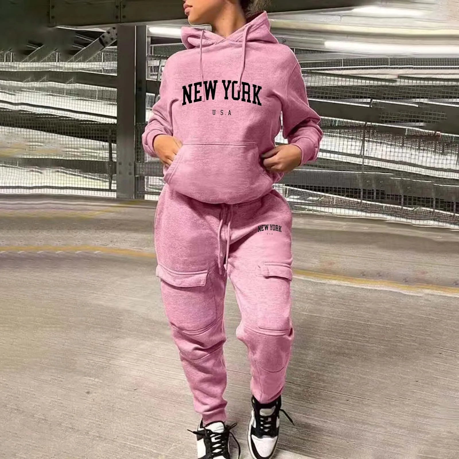 Autumn Winter Fashion Hooded Sweatshirt + Sweatpants Daily Casual Warm Letter Print Two Piece Sports Suit with Multiple Pockets