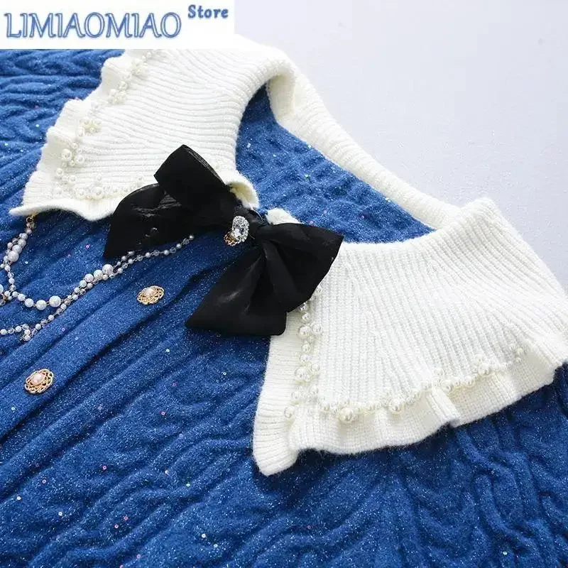 New Blue Twists Peter pan Collar Pearls Long Sleeve Acrylic Knitted Women's Sweater Fashion Pullover Sweaters Cardigan Autumn