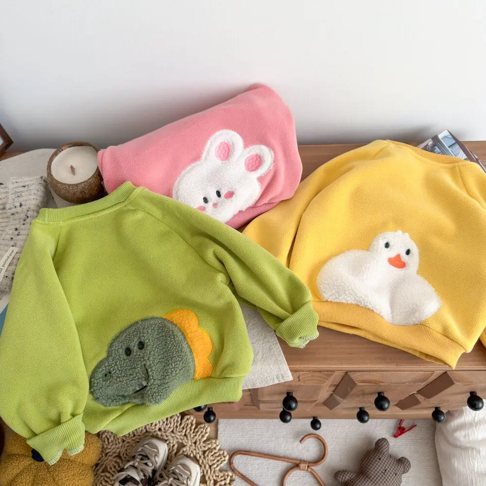 2026 Neuer Herbst Kinder Fleece-Sweatshirt Baby Jungen Mädchen Niedlicher 3D-Plüsch-Tier-Applikation Pullover Kinder Rundhals Langarm-Oberteil – Detail 1