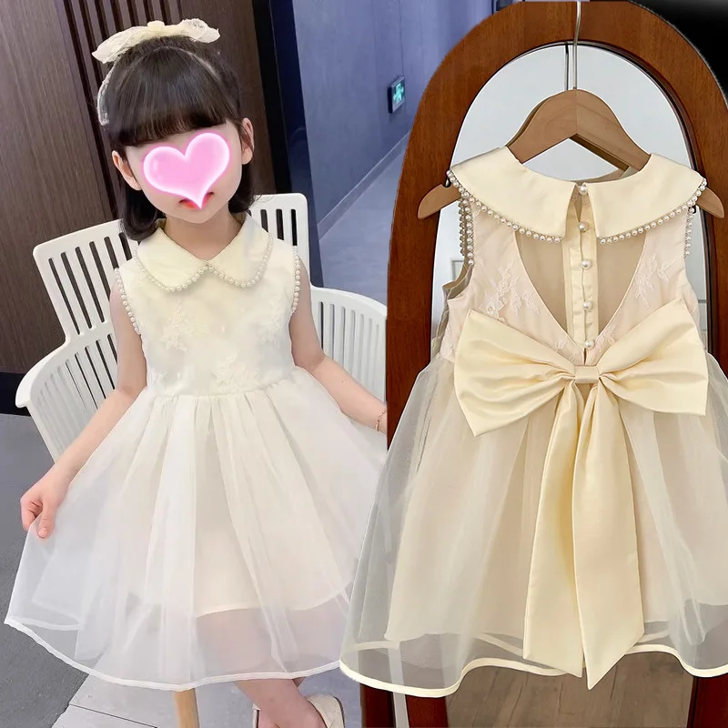 New Girls' Princess Dress Summer Sleeveless Lapel Back Love Hollow Bow Pearl Cuff Mesh Splice Sweet and Cute Puff Dress