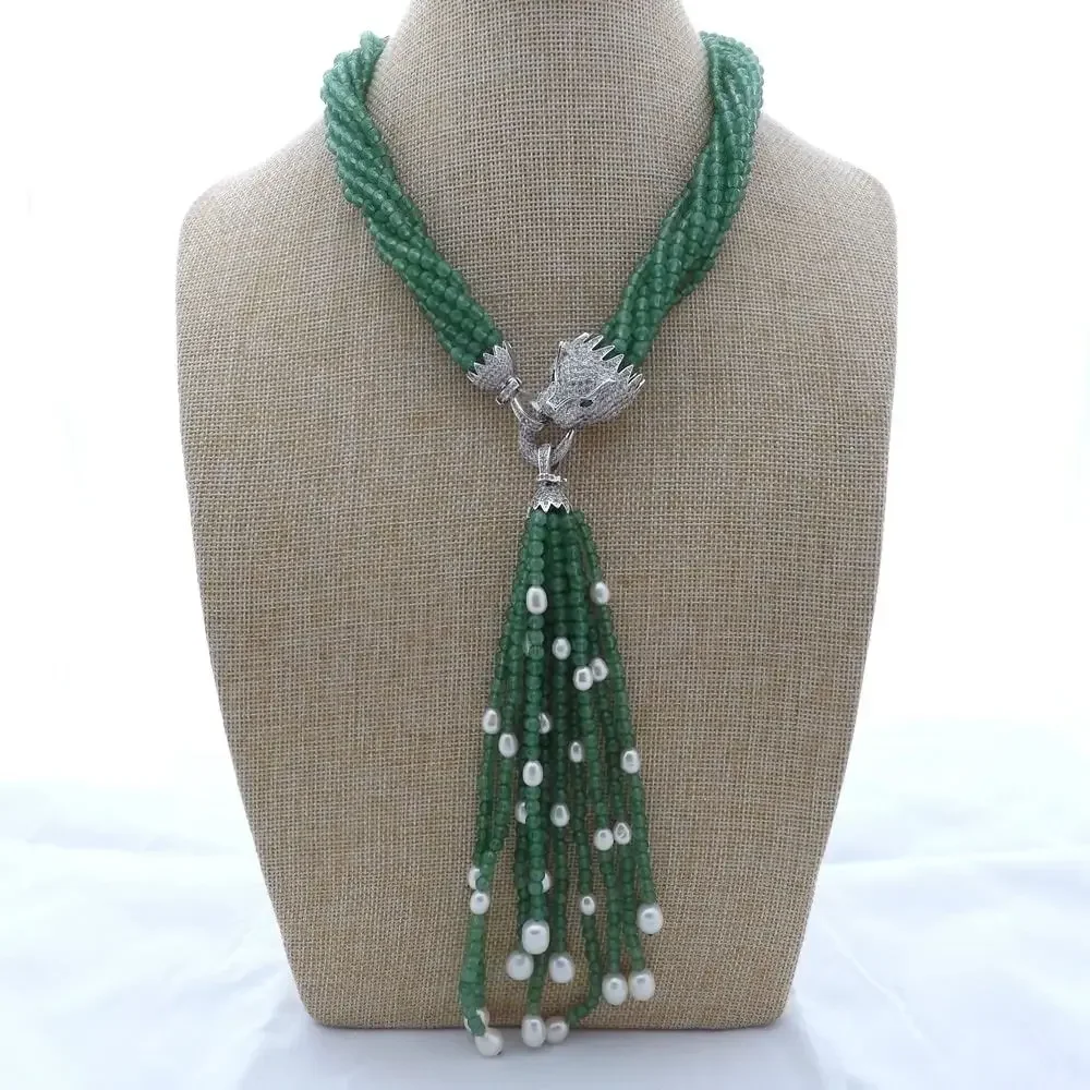 8Strands white freshwater pearl green jade necklace micro inlay zircon accessories leopard head Clasp Tassel pendant