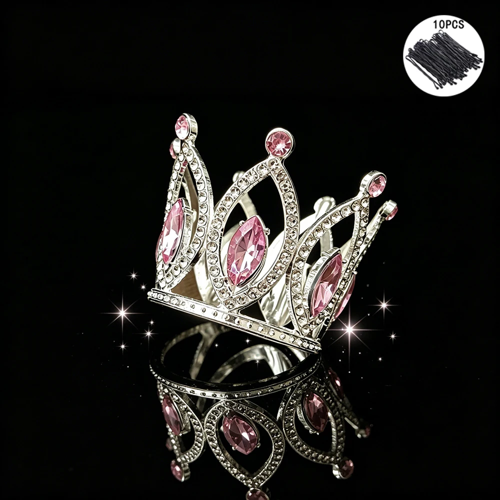 Fashion Baroque Full Round Crystal Crown Rhinestone Mini Tiara with 10Pcs Bobby Pins Elegant Royal Headpiece Cake Topper view 5