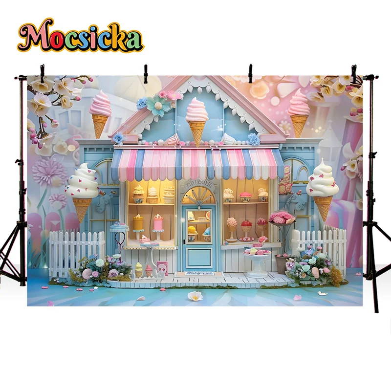 Mocsicka Birthday Photography Background Cute Girl Party Ice Cream Dessert Shop Backdrop Kid Portrait Cake Smash Photo Banner