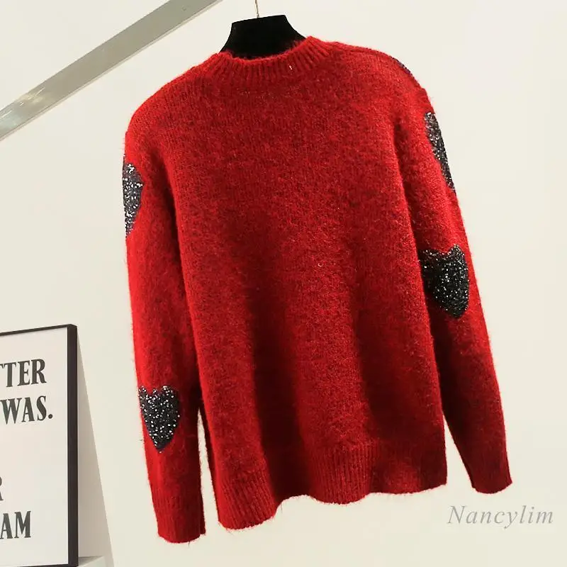 Fashion Peach Heart Red Sweater Women's Heavy Industry Love Sequins Decorative Sweaters Long Sleeve Knitwear Top 2025