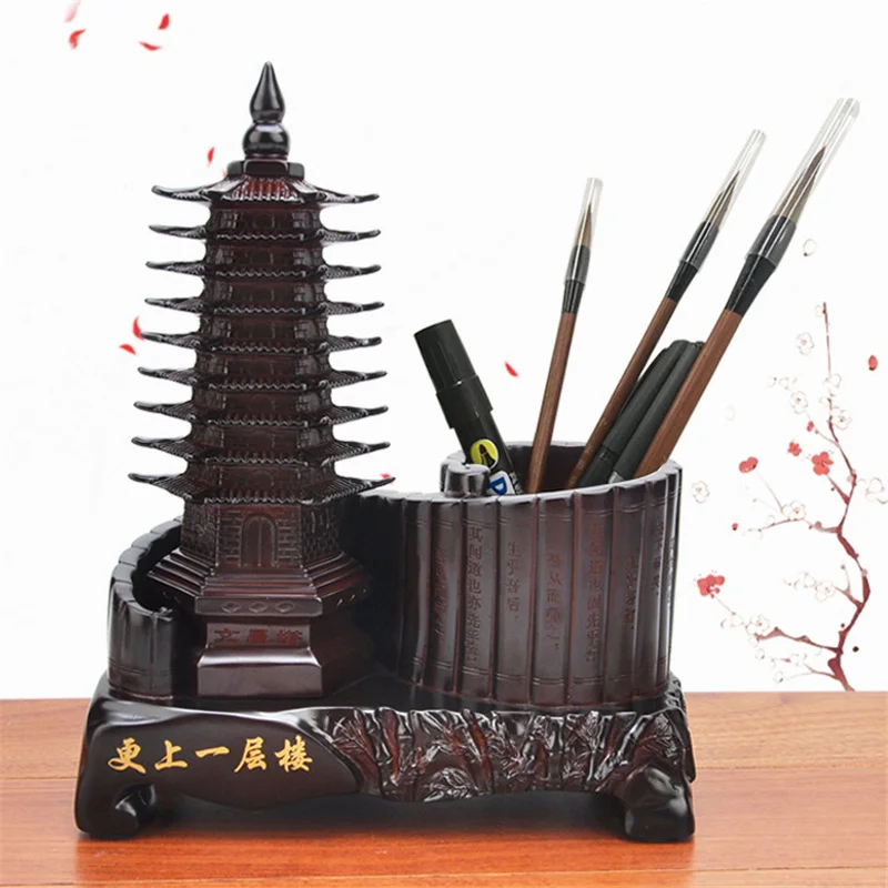 

9-layer Wenchang Tower Resin Imitation Mahogany Bamboo Pen Holder Ornaments Study Office Furnishings Home Decoration Gift