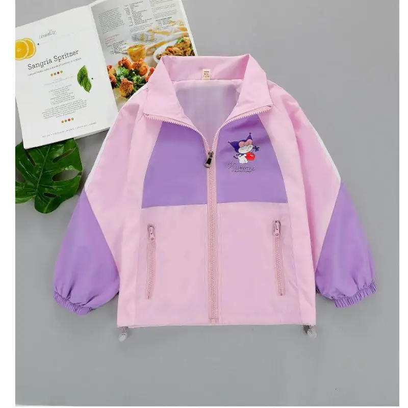 Sanrio Kuromi Kids Spring Color Matching Jackets Cute Loose Comfort Cardigan Cartoon Windproof Stand Collar Coat Anime Girl Gift