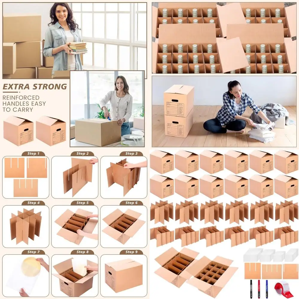 

Kitchen Moving Boxes Set of 12 with Handle, 16x12x13 Inches, Includes Glassware Dividers, Cup & Plate Boxes, Tape Rolls for Kitc