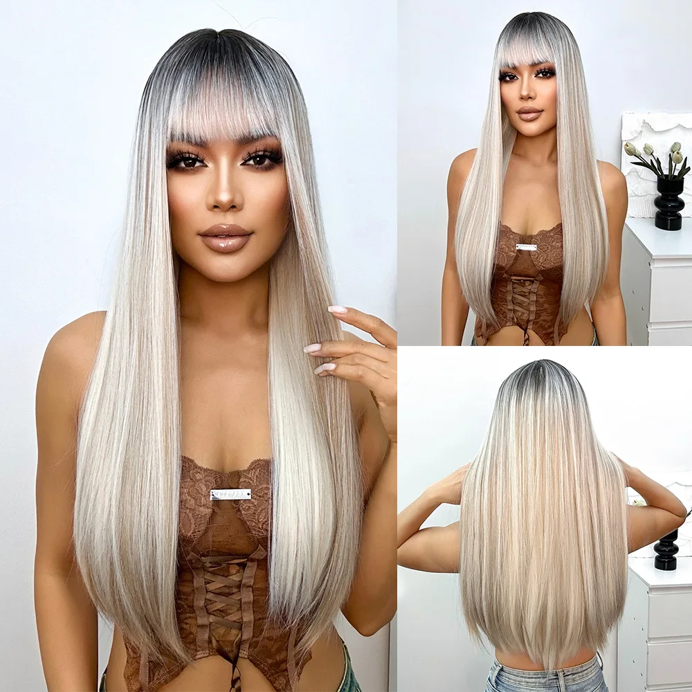 

Ombre Sliver Blonde Long Straight Wig with Bangs Synthetic Hair Cosplay Party Daily Wigs for Black Women Heat Resistant Fibre