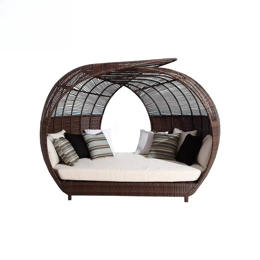 

kv-Outdoor Wicker Rattan Beach Day Bed with Canopy Double&