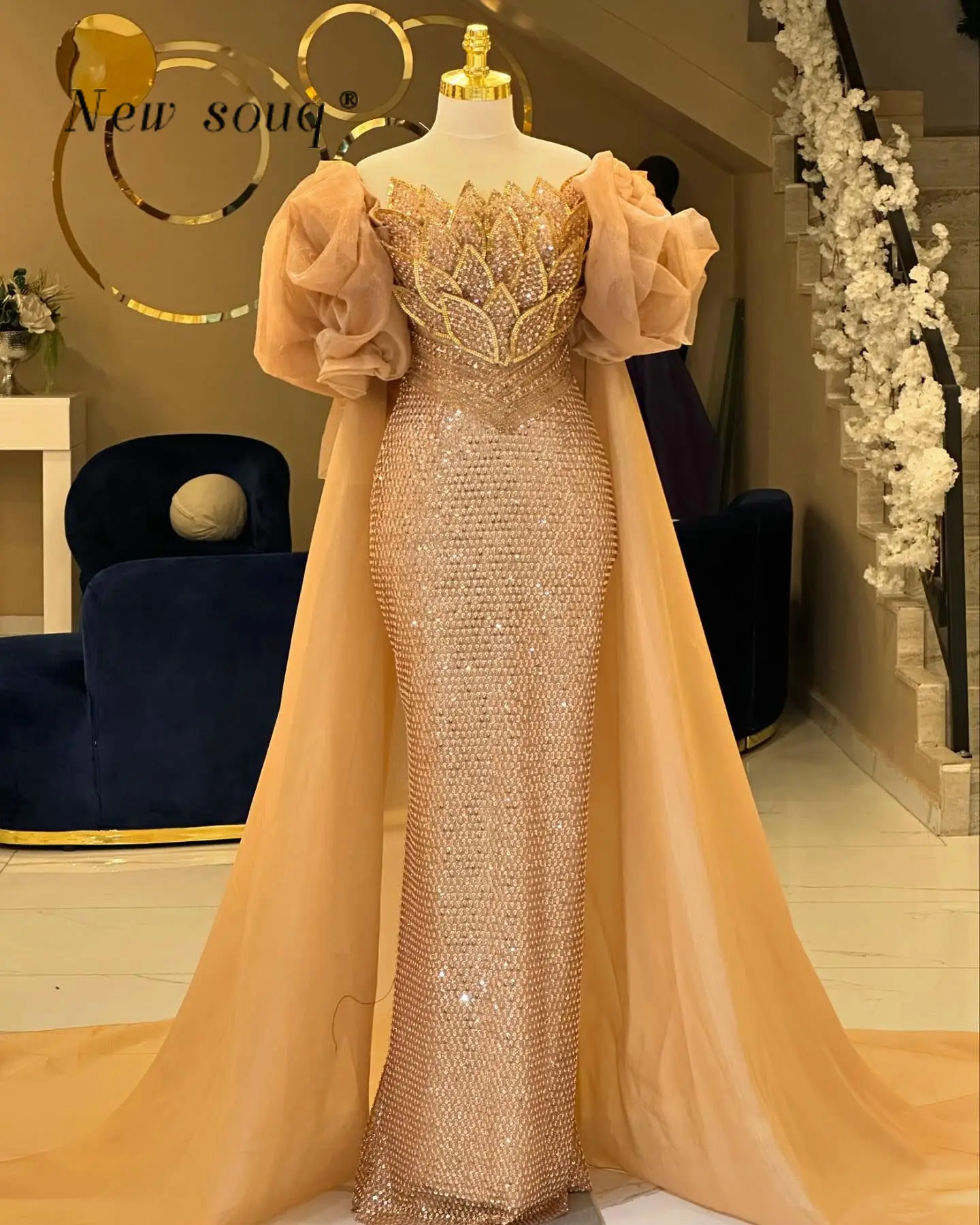 Dubai Champagne Long Sleeves High Neck Muslim Evening Dresses Customized Glitter Mermaid 3D Leaf Formal Party Gowns for Weddings