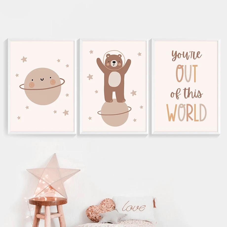 Love You To The Moon Space Rocket Bear Astronaut Planet Wall Art Boho Sun Star Home Pictures Kids Room Decor Baby Shower Gift