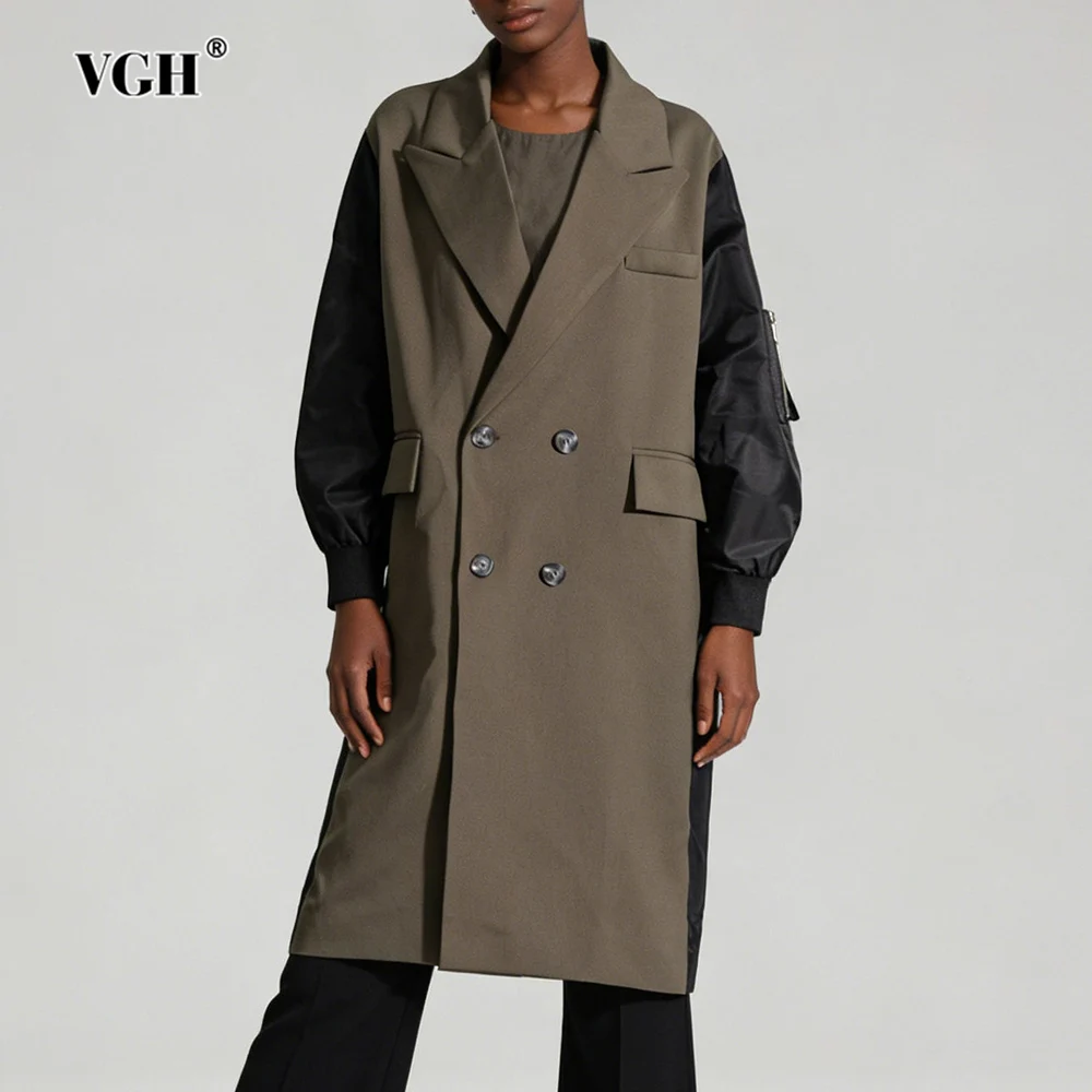 

VGH Temperament Hit Color Loose Trench Coat For Women Lapel Long Sleeve Spliced Pocket Autumn Elegant Jacket Female Fashion New