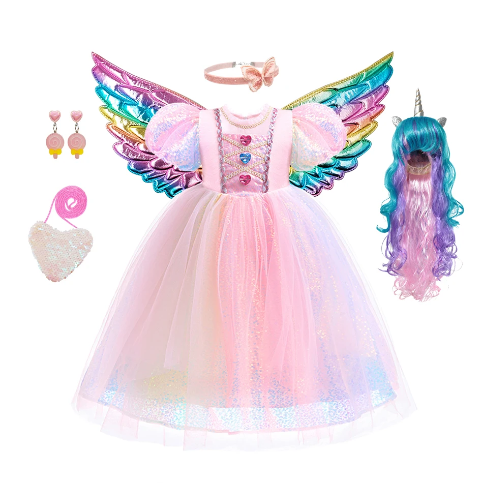 

Платье принцессы с блестками для девочек, Радужное тюлевое платье с жемчужным сердцем и драгоценными камнями, праздничное платье с пышными рукавами, платье для дня рождения, платье с единорогом на Хэллоуин