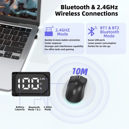 Imagen 2 del producto Ratón inalámbrico para juegos 2,4G, pantalla inteligente, ajuste DPI de 4 velocidades, ratón Bluetooth silencioso recargable de 600mAh para oficina