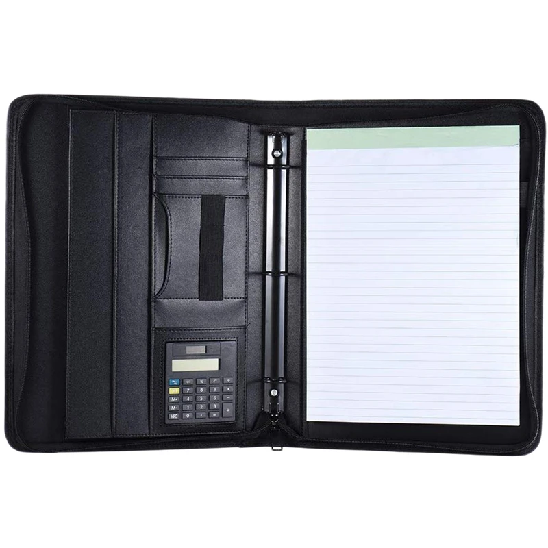 

A4 Leather Business Portfolio Padfolio Folder With Business Card U Flash Disk Holder Memo Note Pad Loose-Leaf Loop