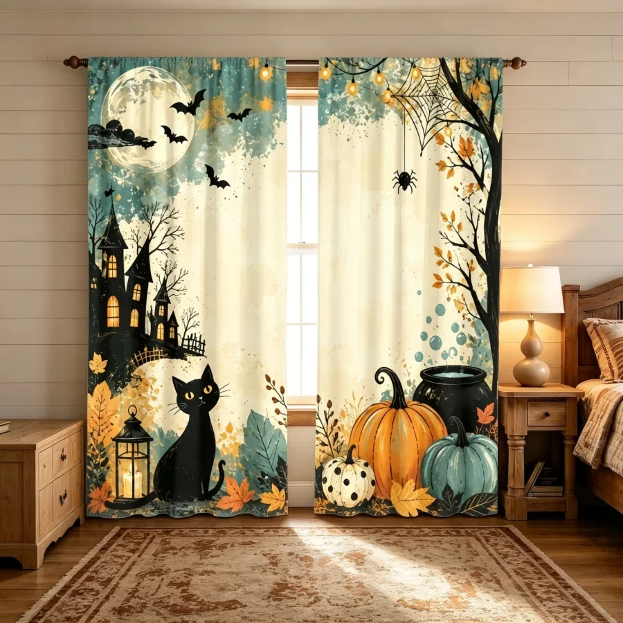 Spooky Halloween Haunted House Moon Night Curtain Curtains for Fall Decor Gothic Witchy Autumn Window Dressing
