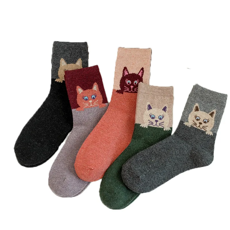 5 Pairs Cartoon Cat Print Socks, Comfy