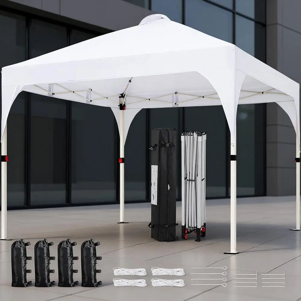 

10x10 Easy Setup Ventilated Tent with Wheeled Bag, Sandbags, Stakes, and Ropes for Outdoor, Beach, and Party Use in White