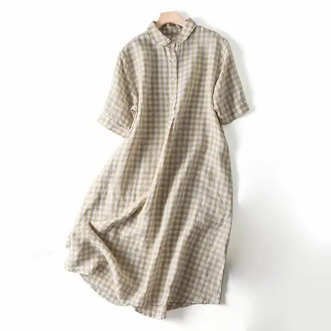 Women's Linen Plaid Dress Retro Half Sleeve Lapel Loose Shirt Maxi Dress Korean Fashion Summer Ladies Girls Shirts Long Dresses