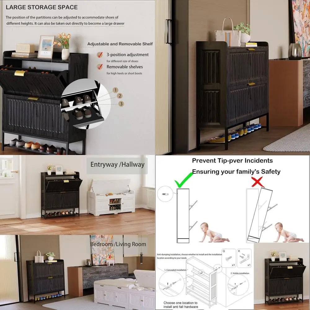 

Vintage Black Shoe Storage Cabinet with 2 Flip Drawers, Metal Leg, 3-Sided Wavy Panel Design, 31.5x9.5x40 Inches