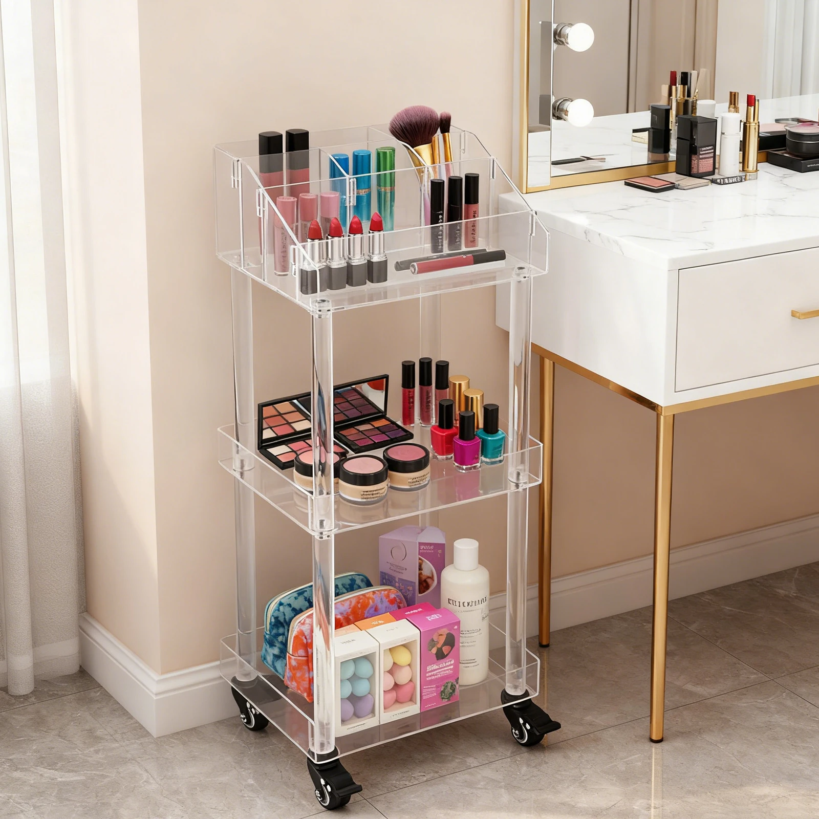 

Акриловая косметическая тумба на колесиках, 3-ярусная передвижная тележка-органайзер для макияжа, тележка для хранения косметики для гардеробной