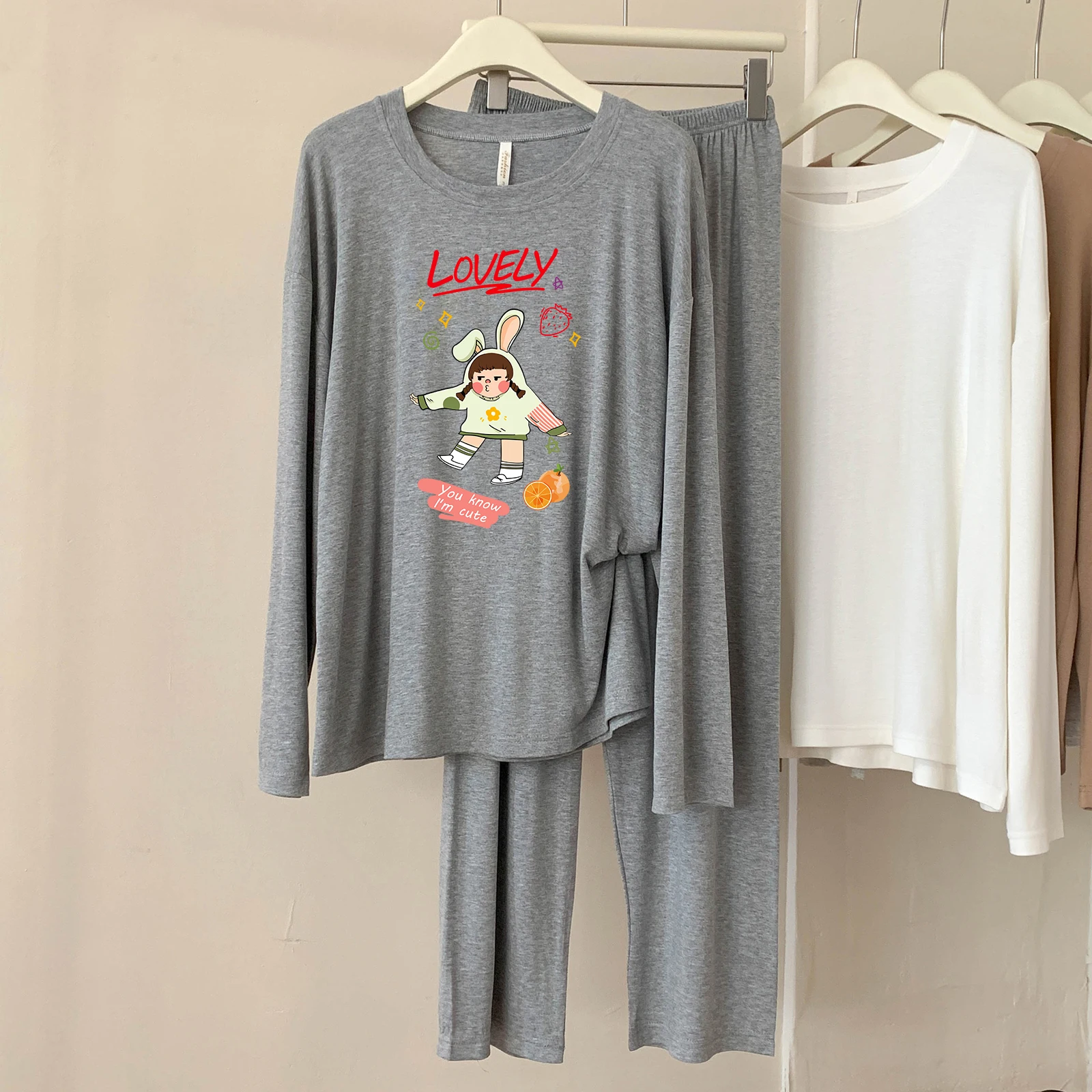 5117-304 Modal Pajamas for Women, Spring and Autumn New Style, Casual, Simple, Solid Color, Round Neck, Long Sleeves, Comfortable