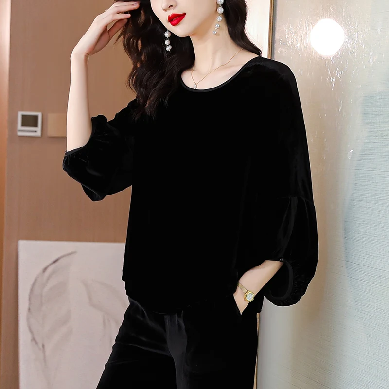 2023 Spring and Autumn New Velvet Bubble Sleeves Solid O-Neck T-shirt Black Velvet Straight Leg Pants Slim Retro Two Piece Set