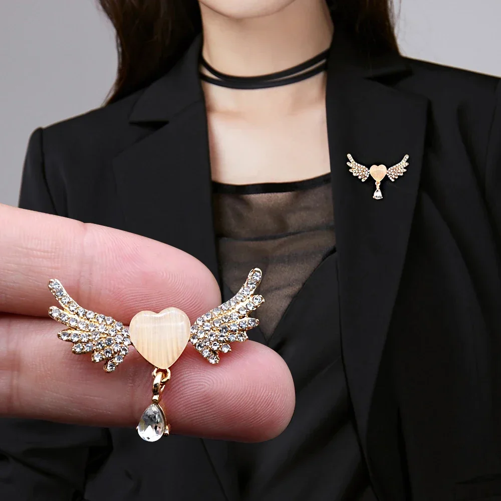 여성용 라인석 천사 날개 브로치, 고양이 아이 스톤 하트 라펠 핀, 여아용 원피스 모자 스카프 액세서리, 쥬얼리 패션
