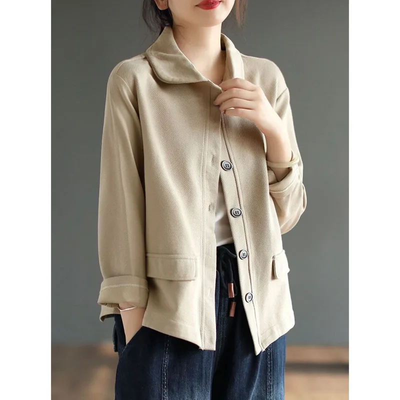 Women\'s Clothing 2023 Autumn Winter New Simplicity Versatile Spliced Button Doll Neck Long Sleeve Solid Color Commuting Shirt