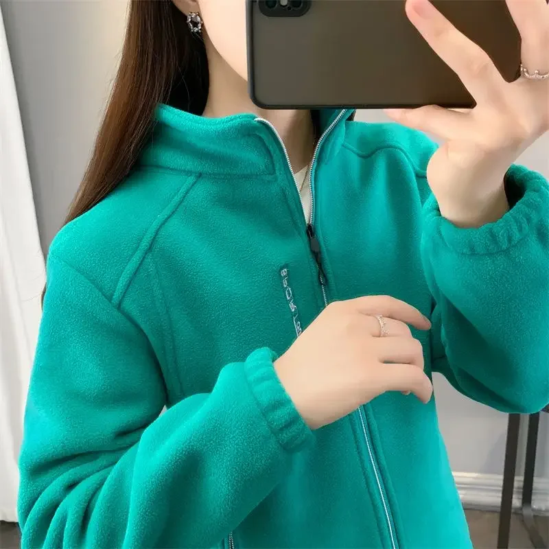 Winter Women Sweatshirt Coat Casual Loose Zip Up Cardigan Long Sleeve Sweatershirt Reversible Fleece Stand Collar Coat KX69