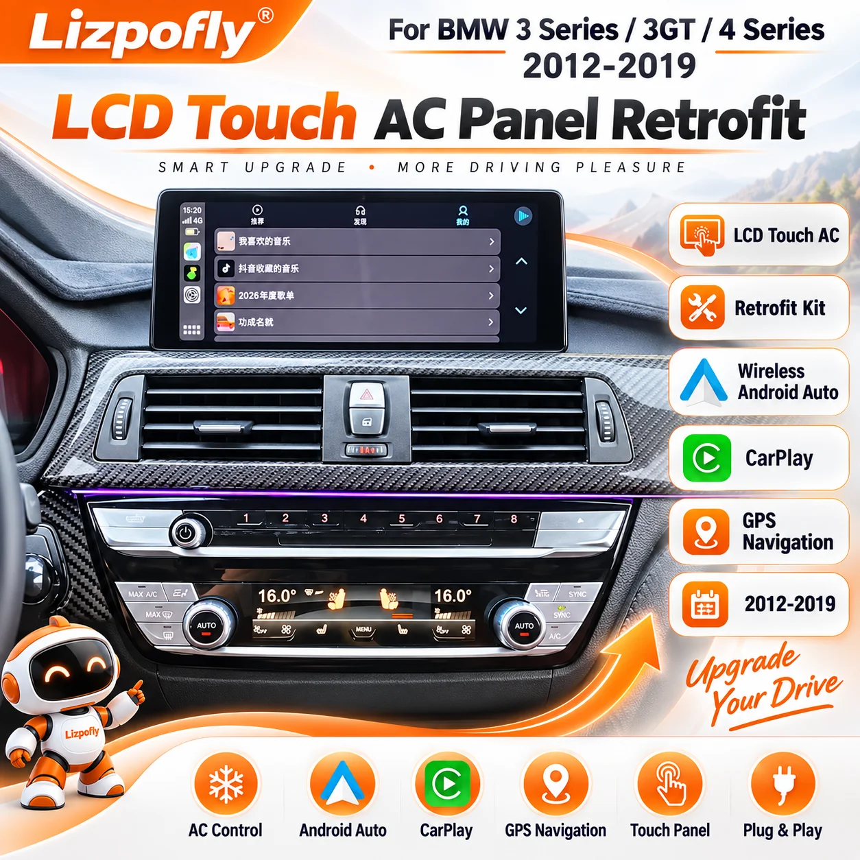 Lizpofly for BMW 3 Series 3GT 4 Series 2012-2019 LCD Touch AC Panel Retrofit Wireless Android Auto CarPlay GPS